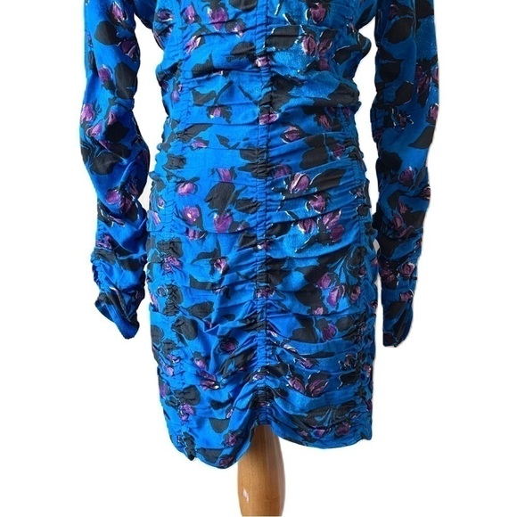 NEW 𝅺ZARA Cobalt Blue Floral Gathered Ruched  Mini Dress Size Medium - Picture 4 of 9